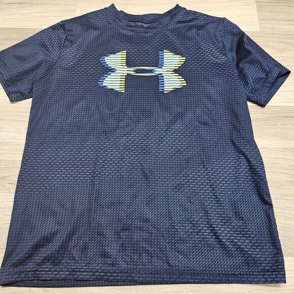 UNDER ARMOUR Boys Blue Neon Yellow Activewear Heat Gear Shirt Large - Picture 2 of 6